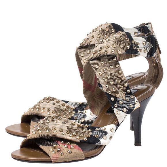 Burberry Beige Nova Check Criss Cross Canvas Spike Studded Open Toe Sandals - Picture 4 of 4